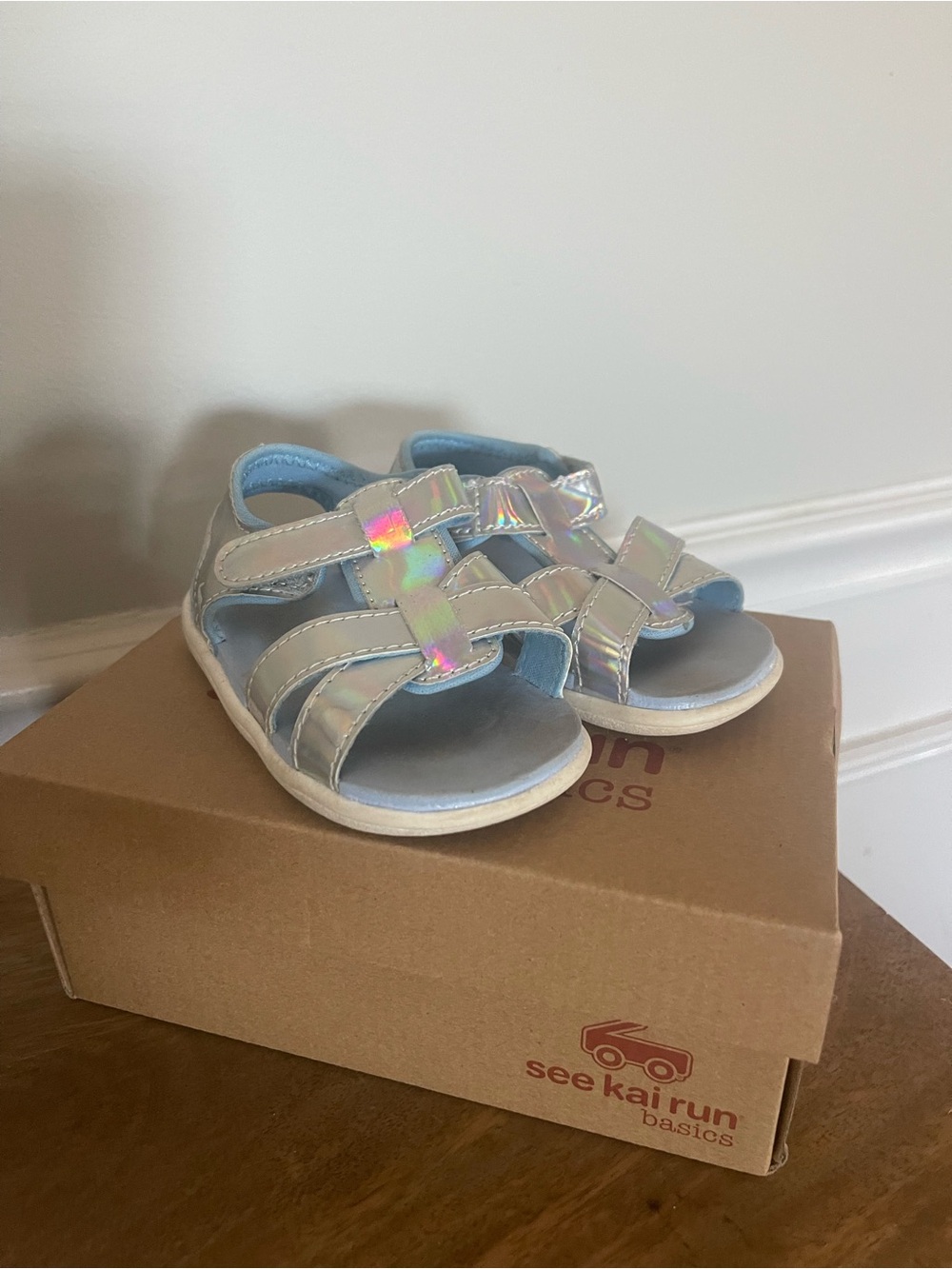 See Kai Run Girls Holographic Pastel Sandals - Light Blue Lining